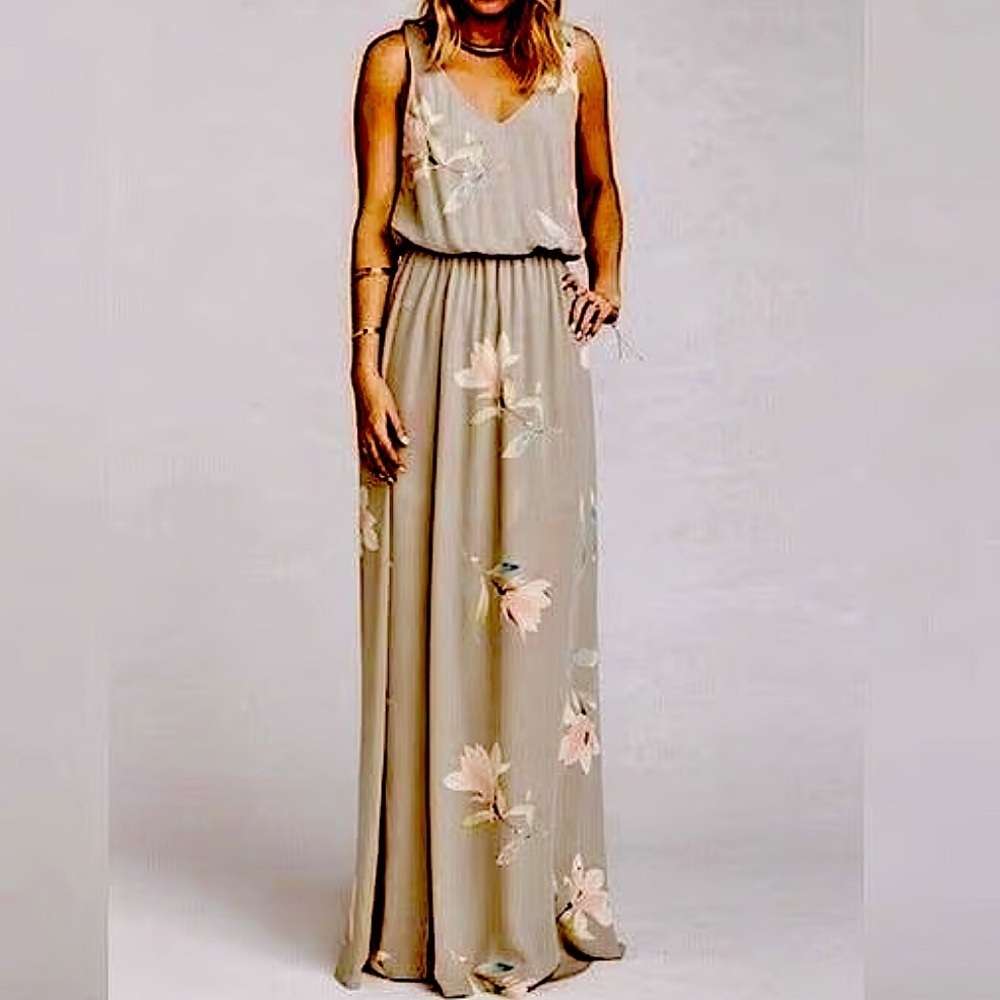 Show Me Your Mumu Kendall Maxi Dress V Neck Slit Blouson Lily Showers in grey, L